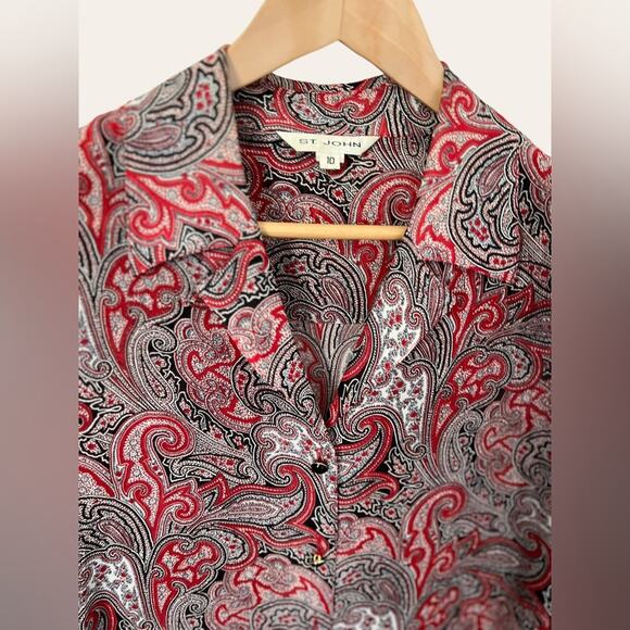 St. John Collection Red Paisley Print Silk Collared Button Up Blouse Size 10 - Picture 2 of 9